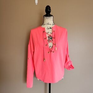 Chic Lace-Up Blouse in Bright Pink